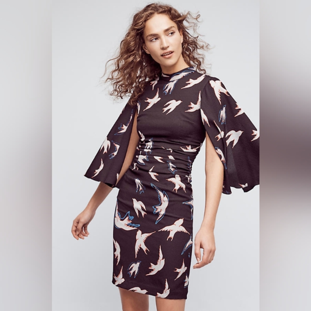 Anthropologie Women's Silk Dress Elegant Black Bird Print Size P Party Whimsical